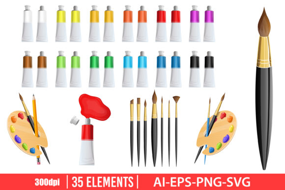 Download Artist Paint Brush and Tube Clipart Set - Set Collection