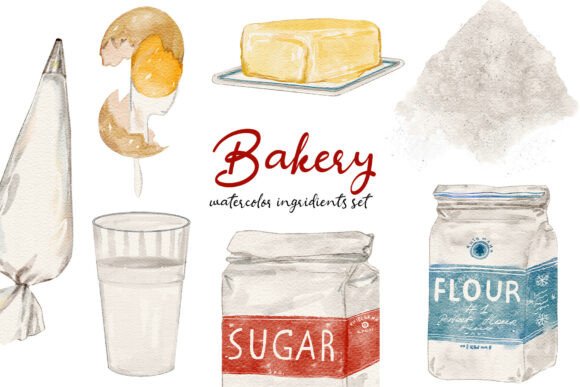 Download Watercolor Bakery Ingridients Set - Set Collection